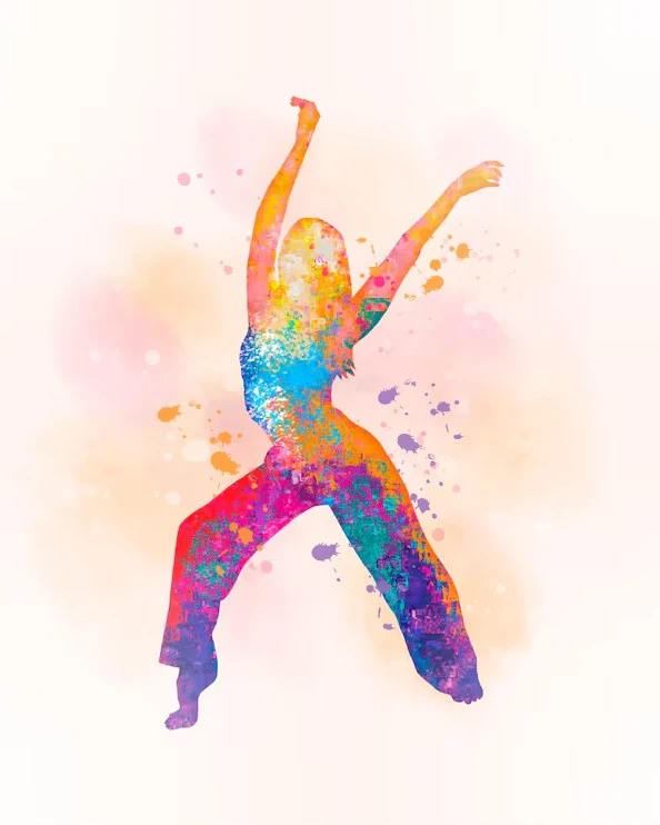 Watercolor — a dancer mid-leap with arms flung wide, painted as a burst of color