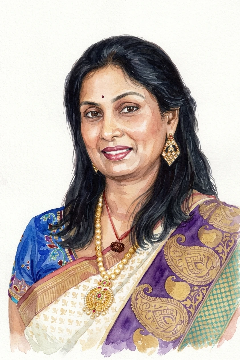 Guru Indira Sreerama Leela — watercolor portrait in a paisley-bordered sari with gold jewelry