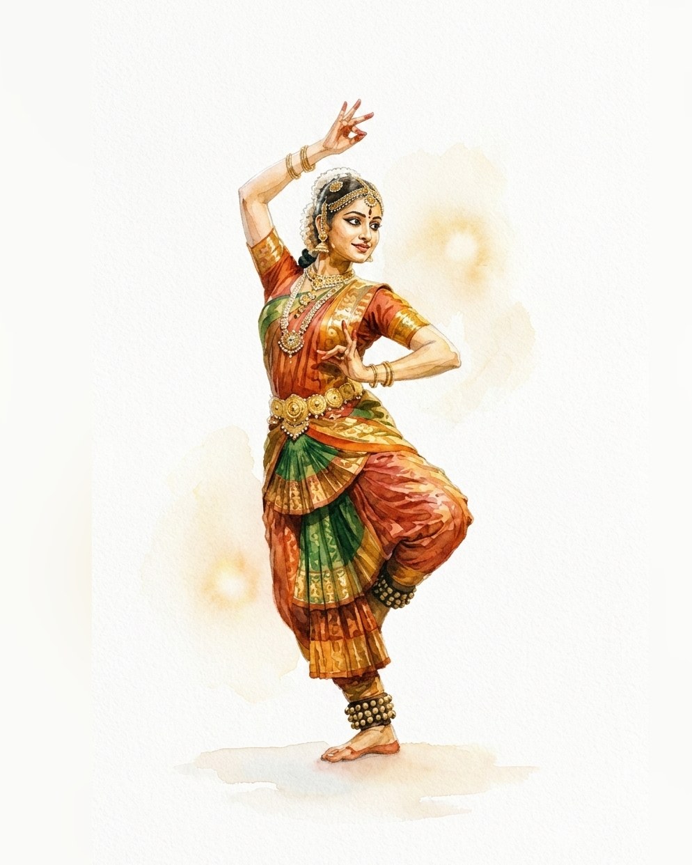Watercolor — a Kuchipudi dancer poised on one leg, one hand raised in a mudra, in a red and green costume with gold jewellery and ankle bells