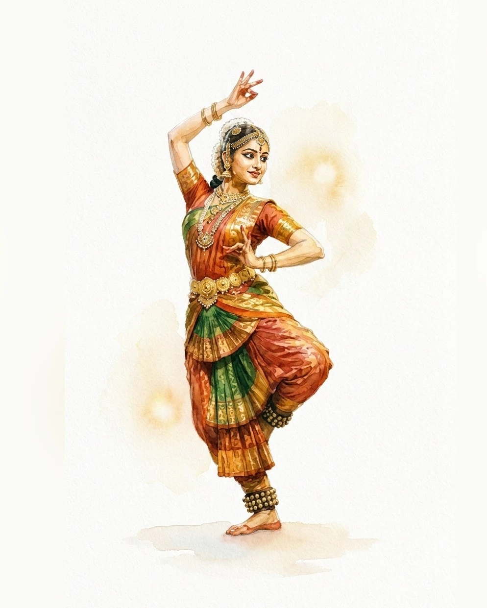 Watercolor — a Kuchipudi dancer poised on one leg, one hand raised in a mudra, in a red and green costume with gold jewellery and ankle bells