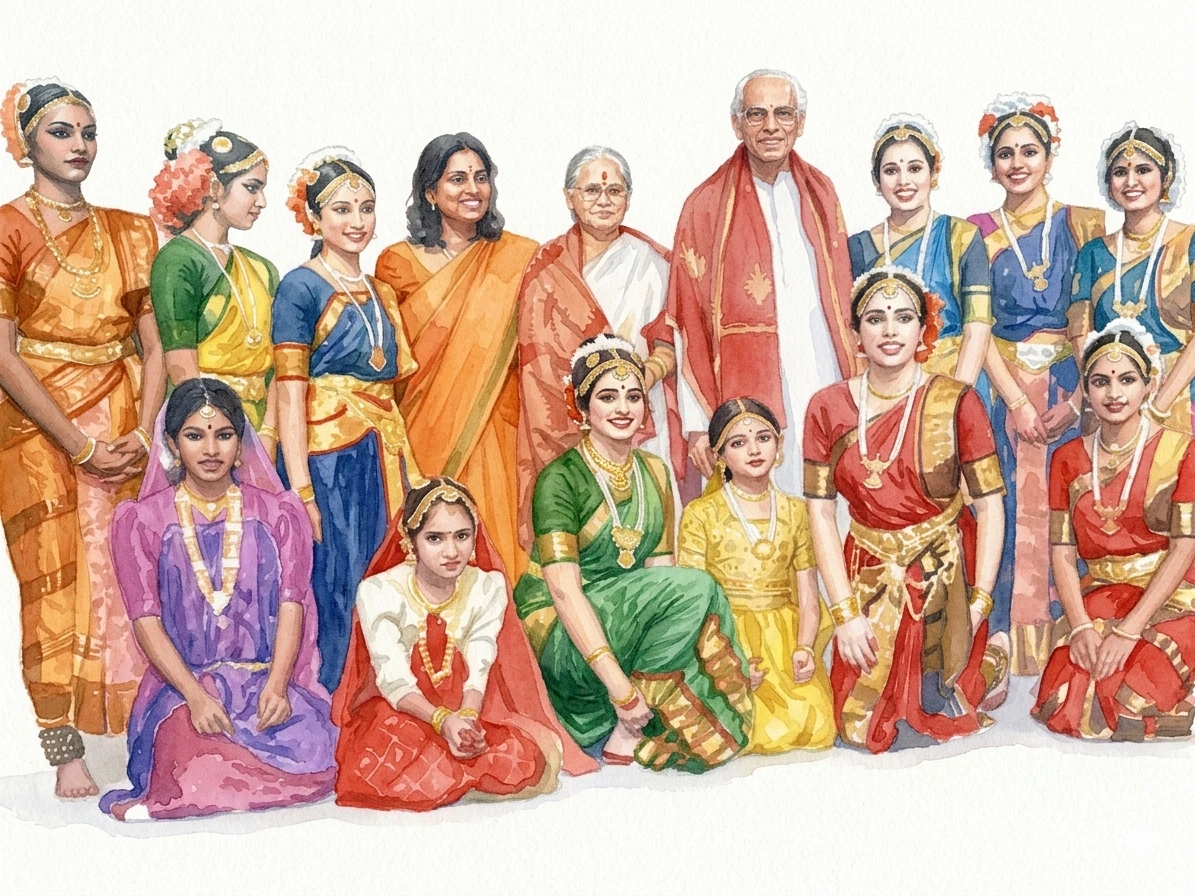 Watercolor — the guru and her students gathered in costume across generations