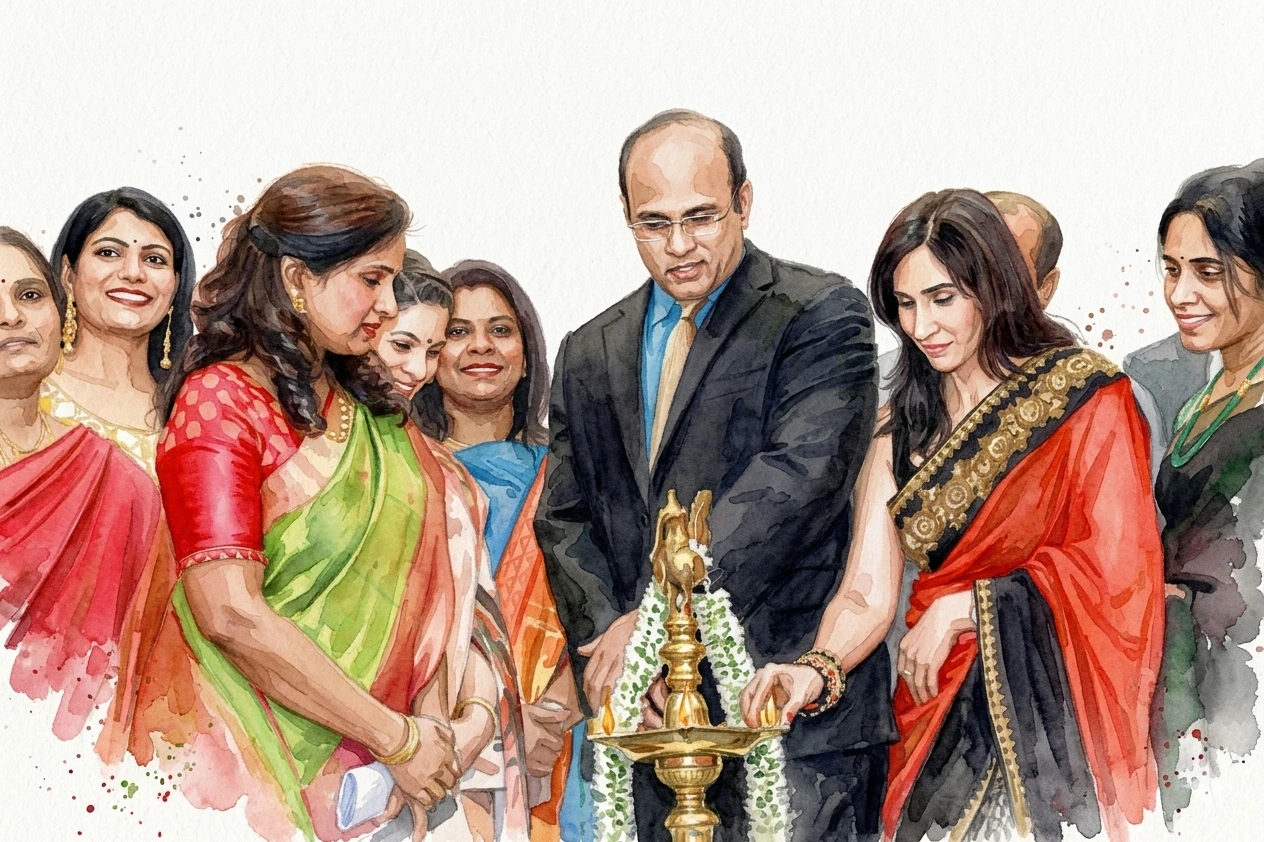 Watercolor — a community gathering around the ceremonial lamp